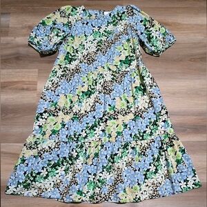 H&M Floral Prairie Boho Modest Puff Sleeve Cotton Tiered Dress Size L